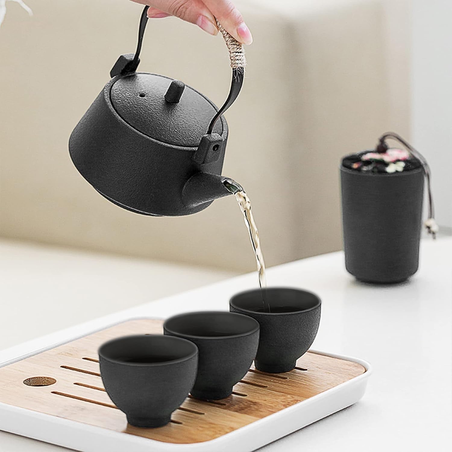 Portable Gongfu Tea Set Black Porcelain Teapot Cups Travel Tea Service