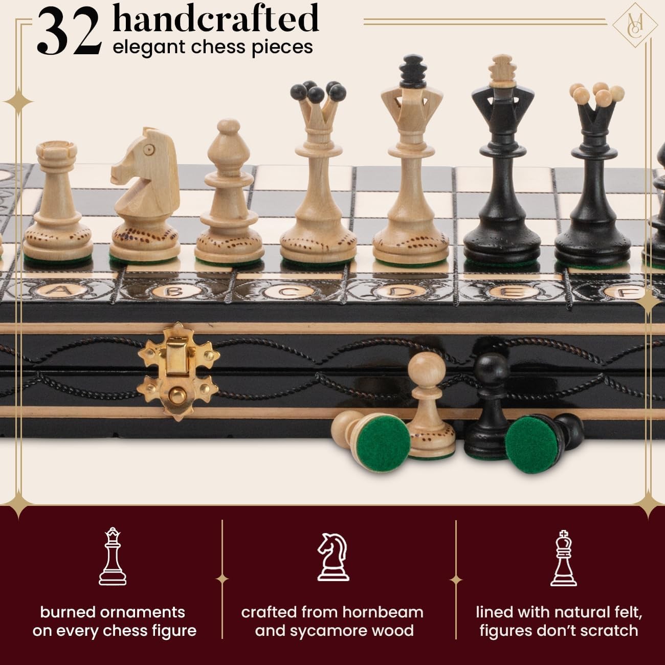 Luxury Wooden Chess Set 42cm • Burned Detail Board • Hand-Carved Pieces • Gift R