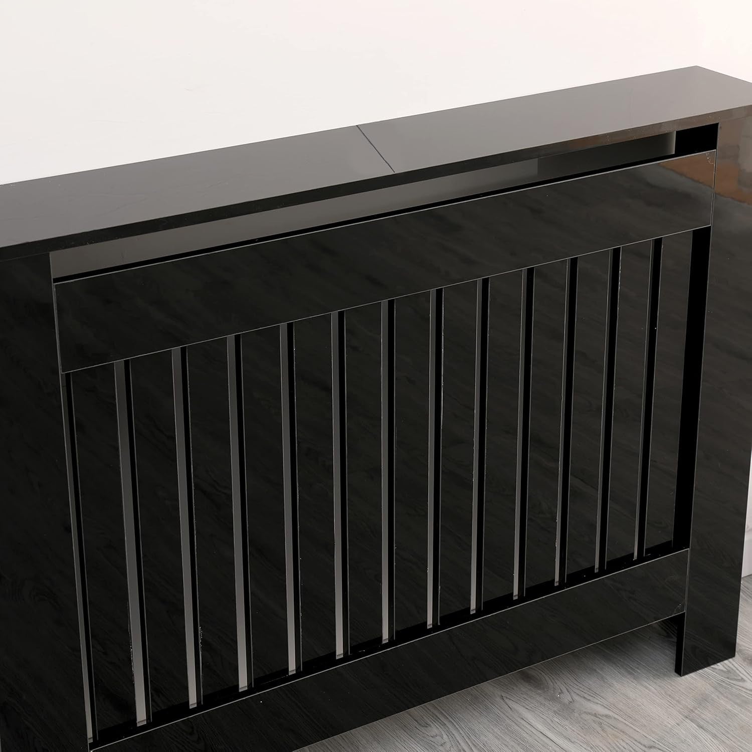 High Gloss Black Radiator Cover Modern Vertical Slat MDF Cabinet W111xH82cm