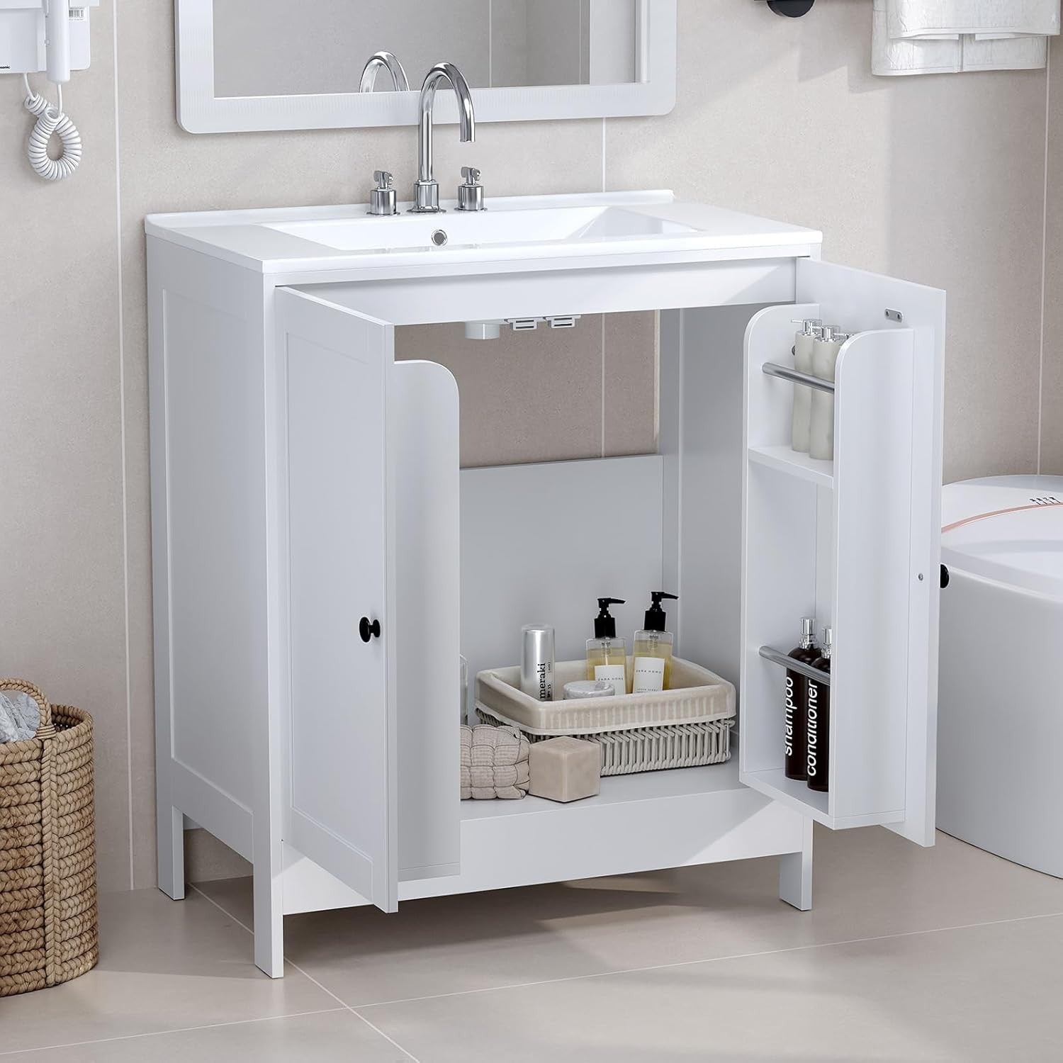 Large White Under Sink Bathroom Cabinet | 61x45x85cm Wooden Storage Unit