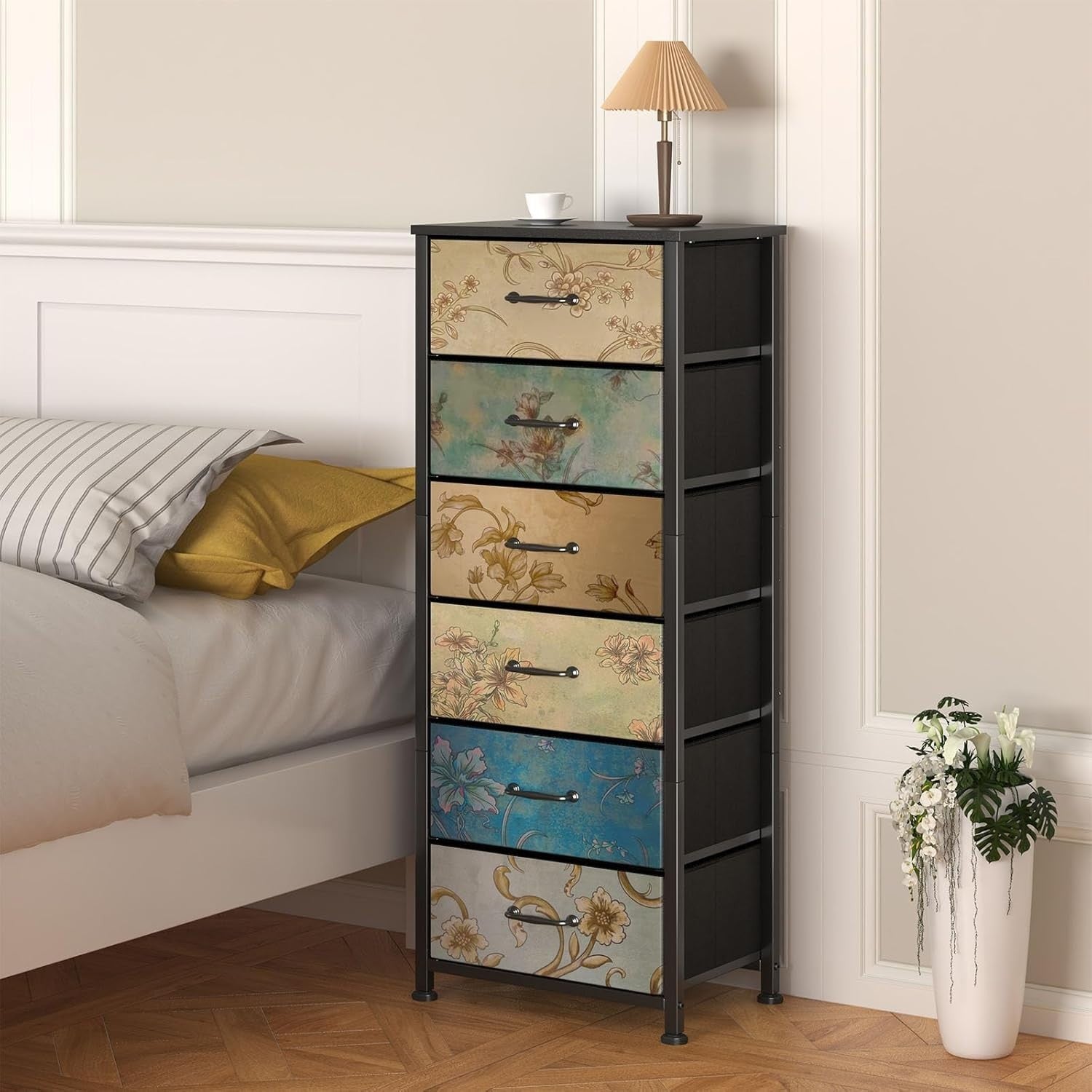 6 Drawer Fabric Chest Floral Storage Cabinet Bedroom Organizer Dresser