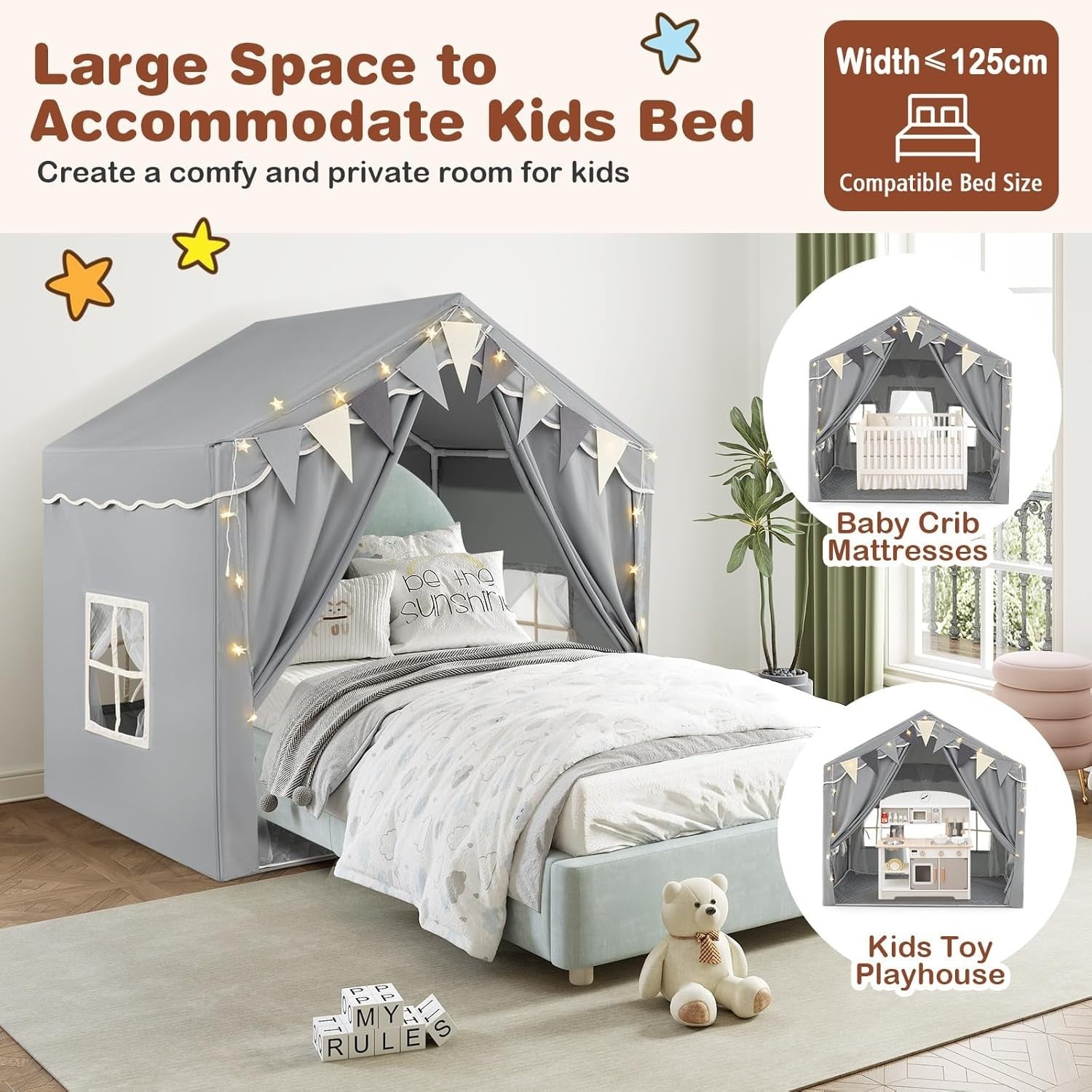 Kids Play Tent Castle Indoor w/ Star Lights Mat Windows Boys Girls Gift