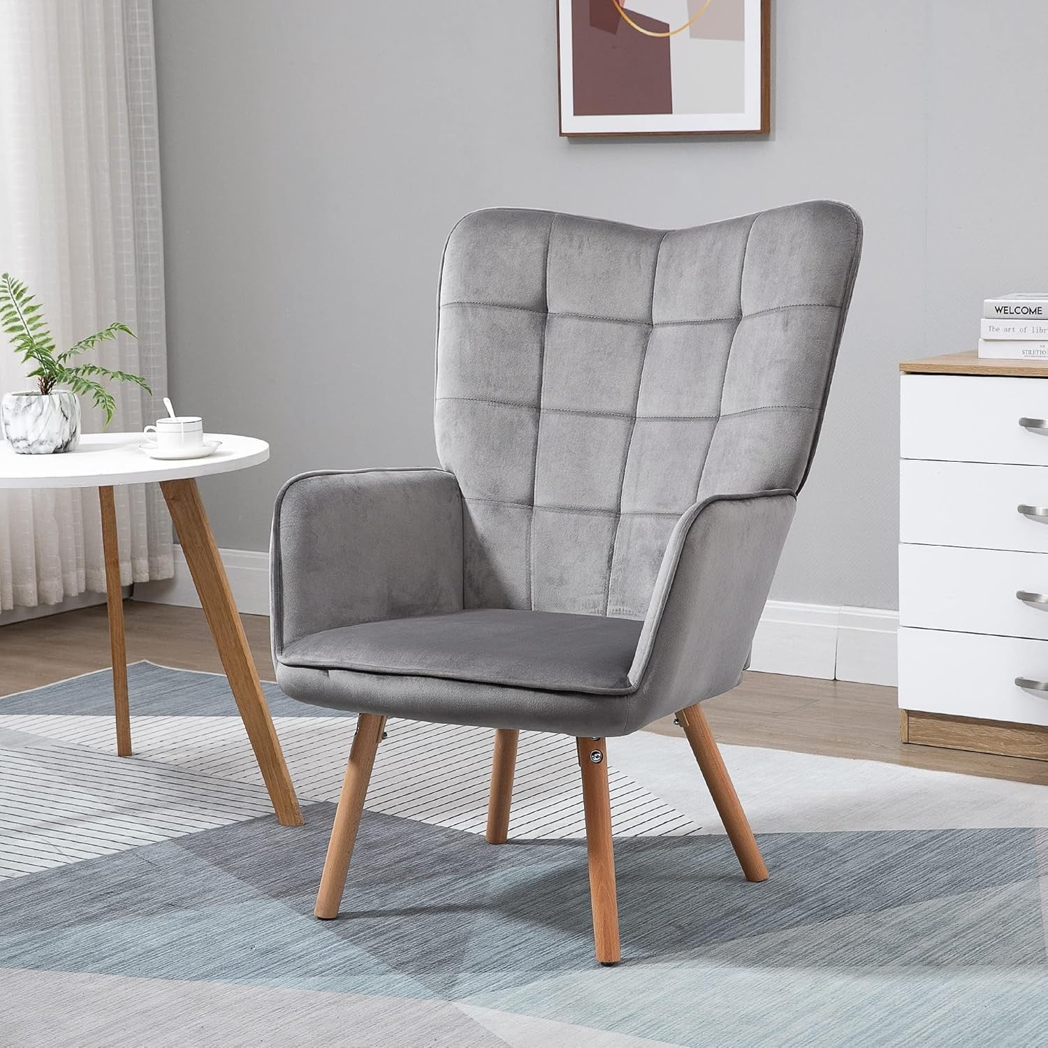 Grey Velvet Wingback Accent Chair Tufted Lounge Armchair Wood Legs