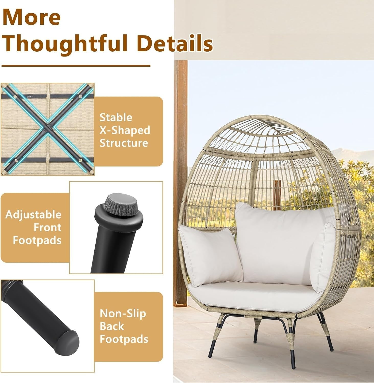 Two Seater Rattan Egg Chair Oversized Cushioned Freestanding Wicker Lounger