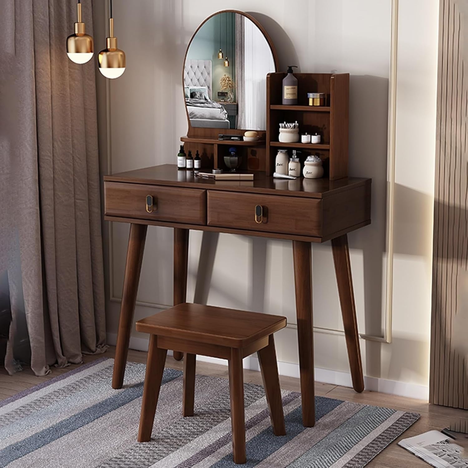Wood Vanity Makeup Dressing Table Desk Mirror Stool Drawers Bedroom Furniture