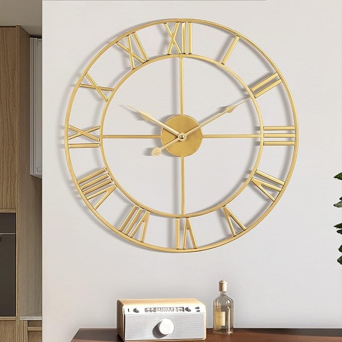 47cm Gold Roman Numeral Wall Clock Silent Metal Vintage Home Decor