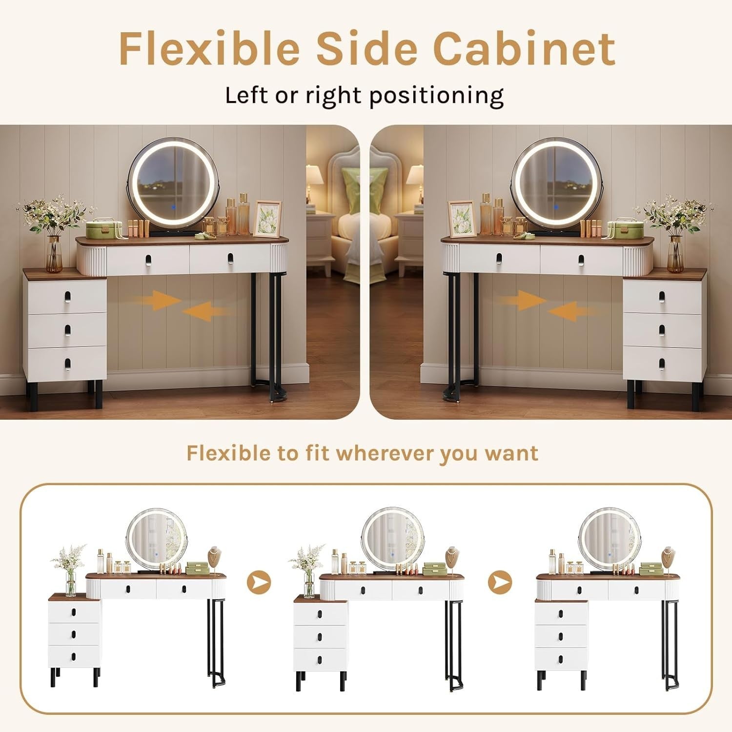Orange Brown Dressing Table Vanity Desk Set LED Mirror Stool 5 Drawers Storage
