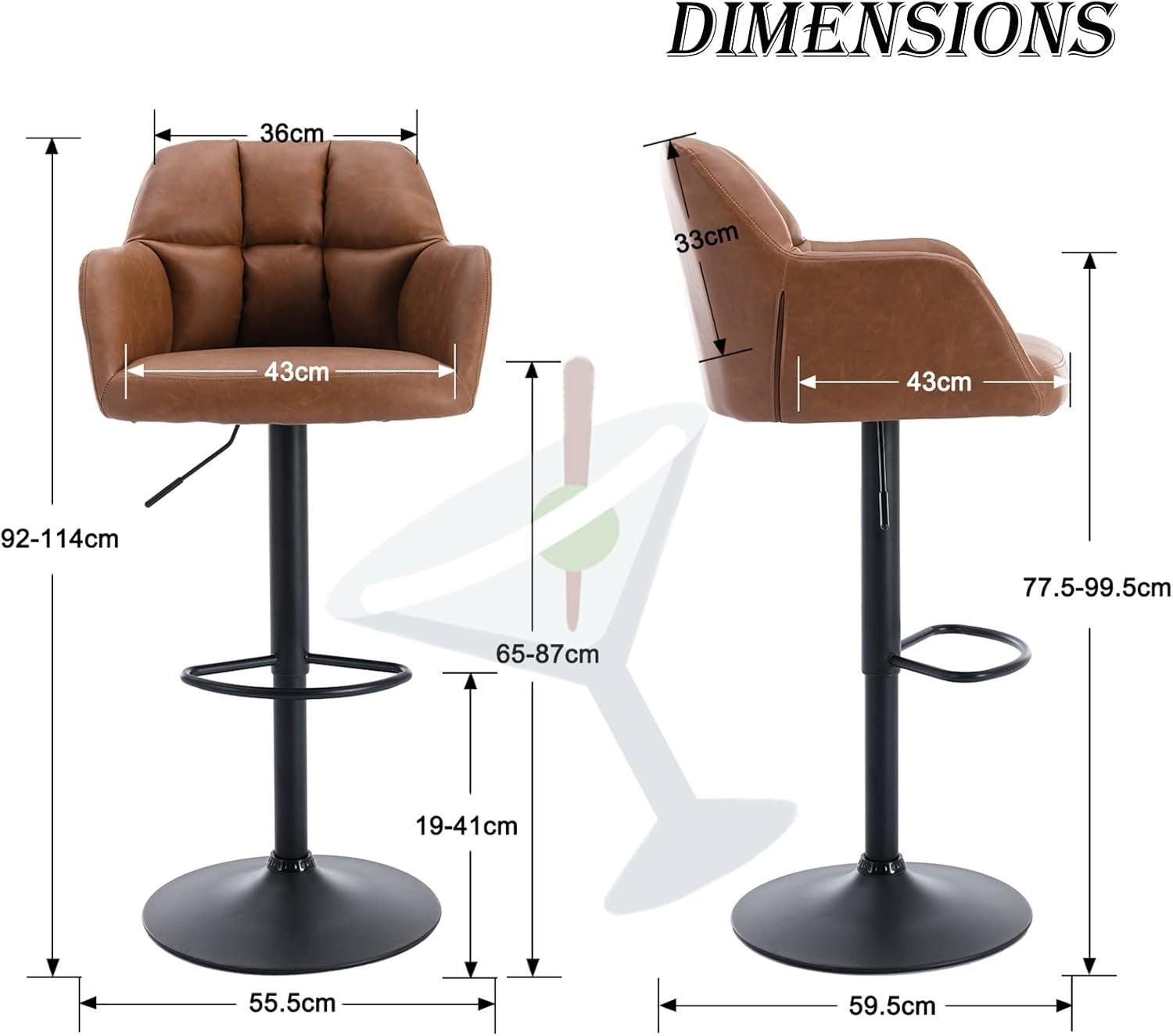 Set of 2 Swivel Bar Stools PU Leather Adjustable Height Brown