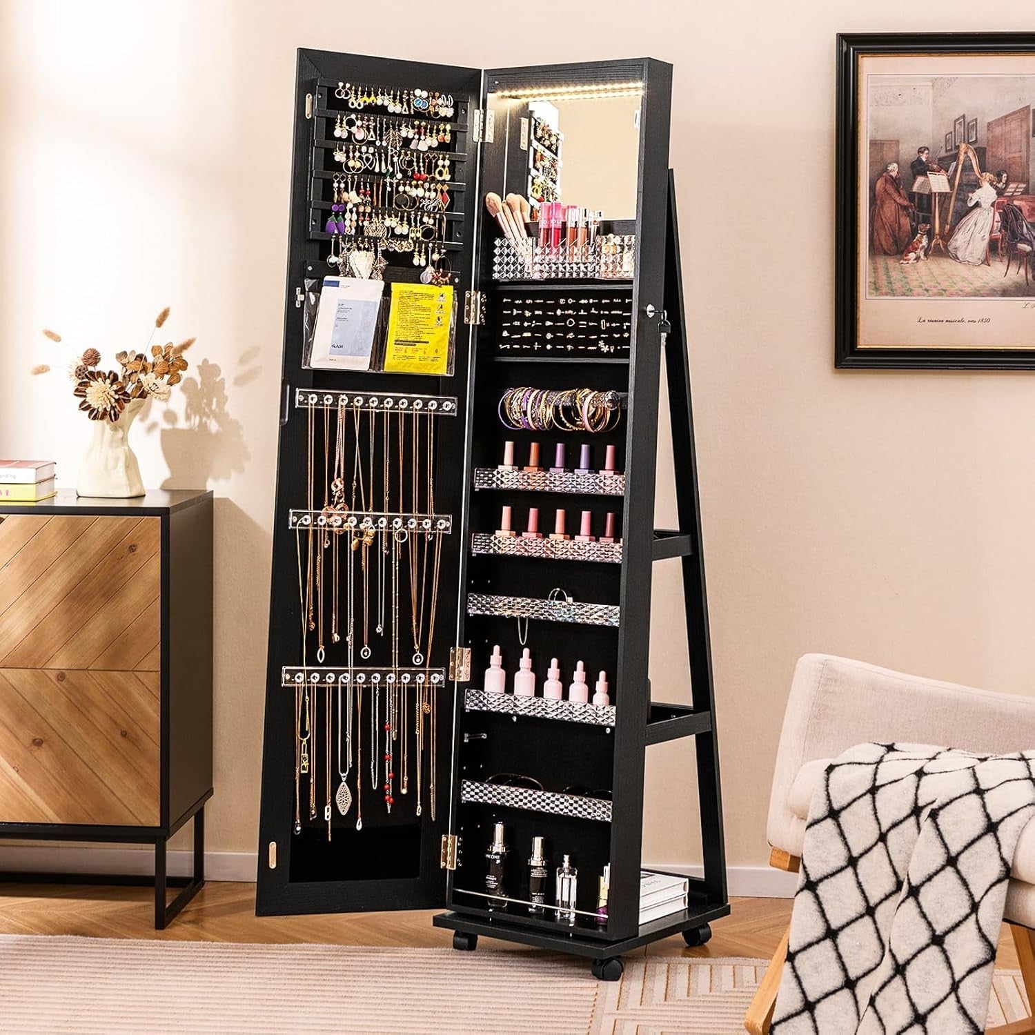 360° Swivel Jewelry Armoire LED Mirror Lockable Storage on Wheels Black