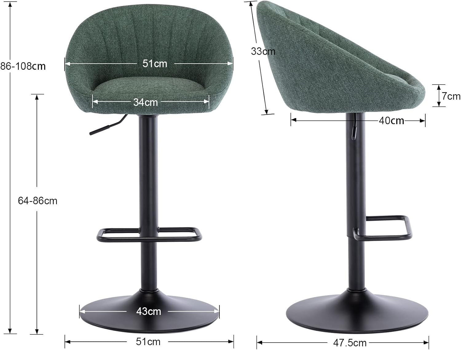 Bar Stools Set of 2 | Green L-Shaped Adjustable Counter Chairs