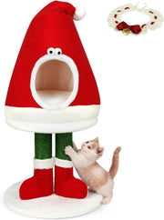 Festive Cat Tree Scratching Post with Cozy Bed Indoor Climbing Tower