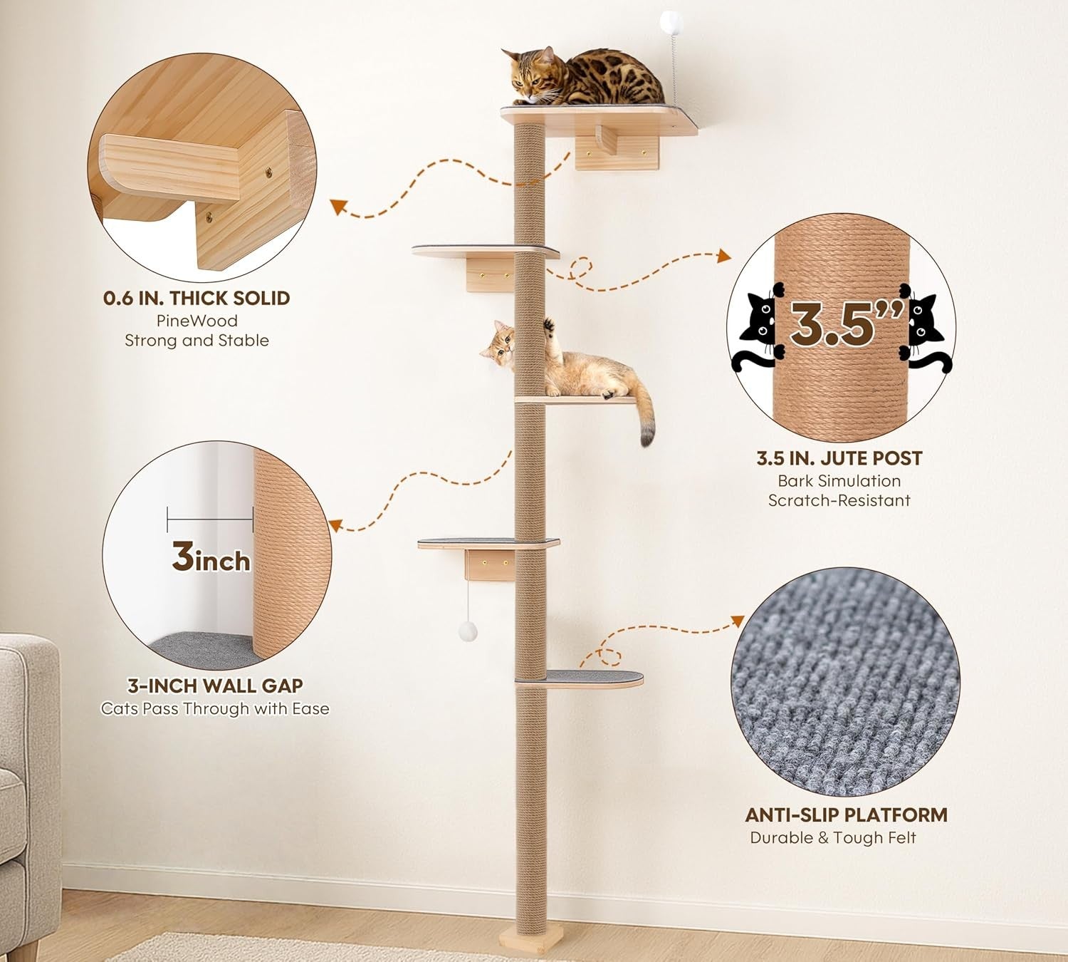 Wall Mounted Cat Tree 210cm 5 Tier Scratching Post Tall Cat Climbing Tower