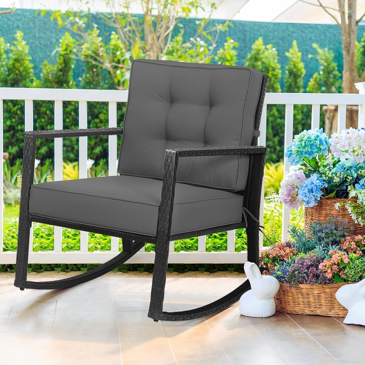 Grey Rattan Garden Rocking Chair with Cushions & Armrests Outdoor Seat