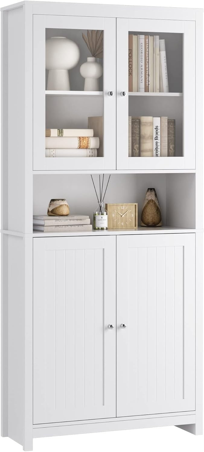 White Tall Kitchen Cupboard 190cm Pantry Cabinet Glass & Wood Doors