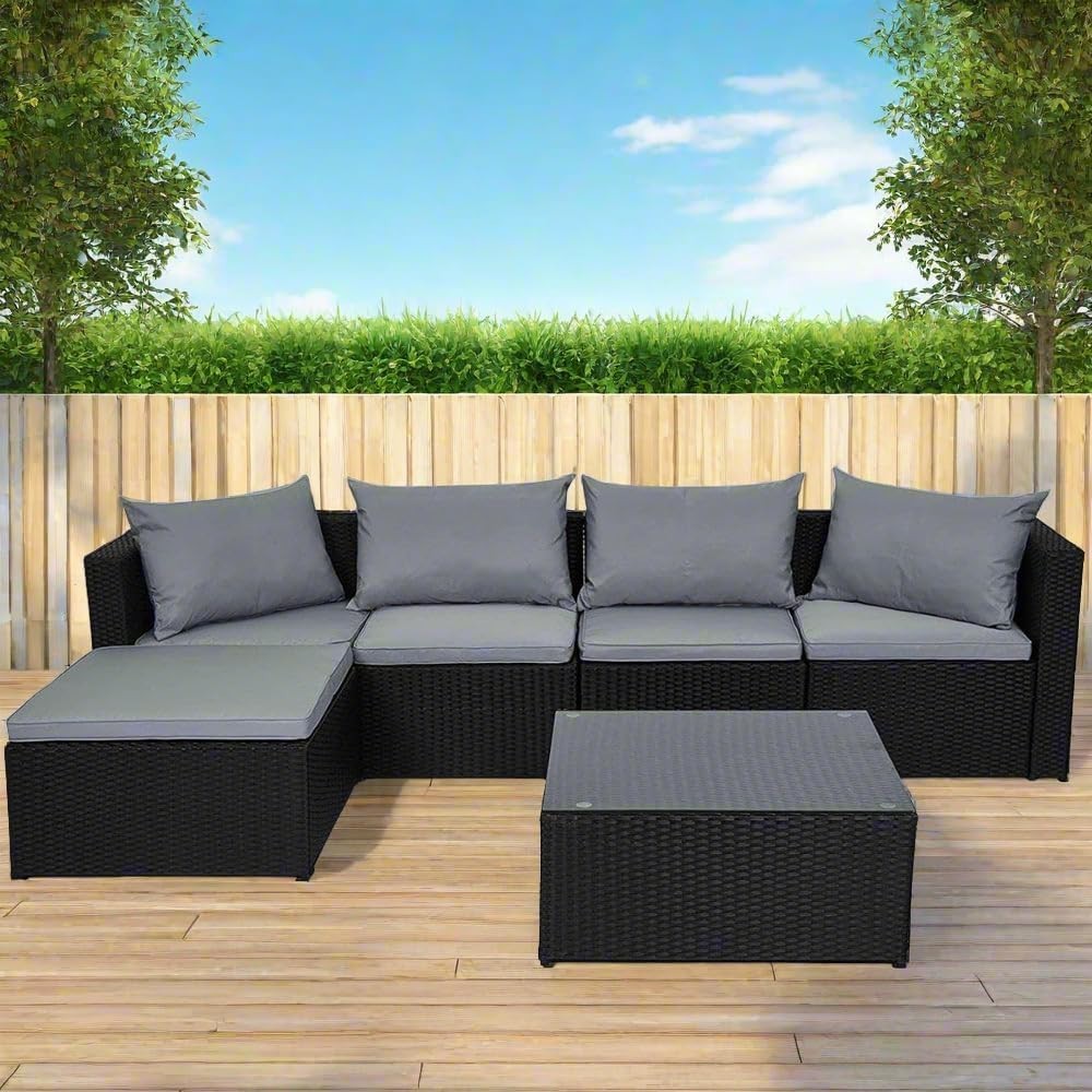 Black 6-Piece Outdoor Rattan Garden Sofa Set Modular Patio Couch with Cushions
