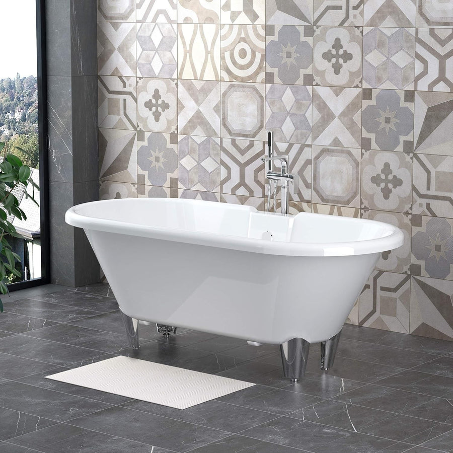 1750x800mm Traditional Freestanding Roll Top Bath White Acrylic Chrome Claw Feet