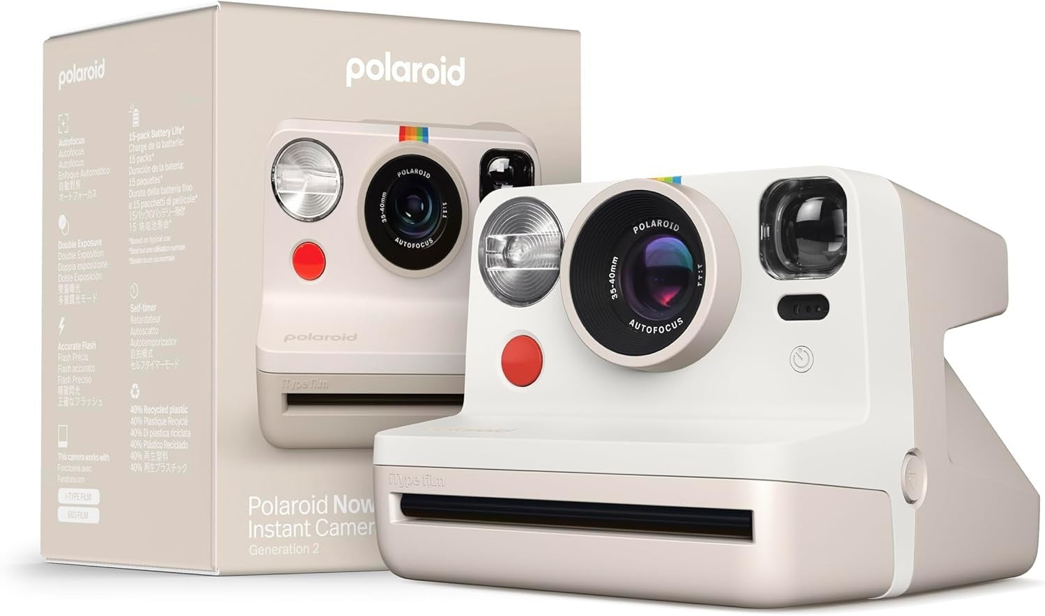 Instant Camera Vintage White USB-C Rechargeable Double Exposure