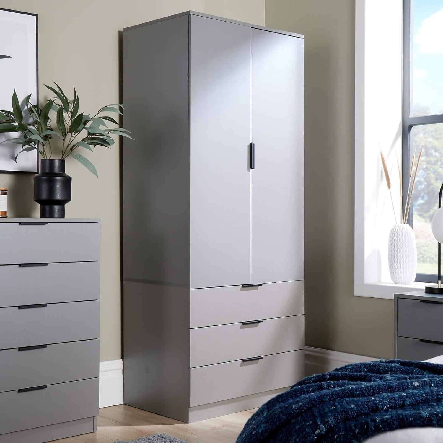 Grey 2 Door Wardrobe with Drawers & Rail – Bedroom Storage Cabinet Unit