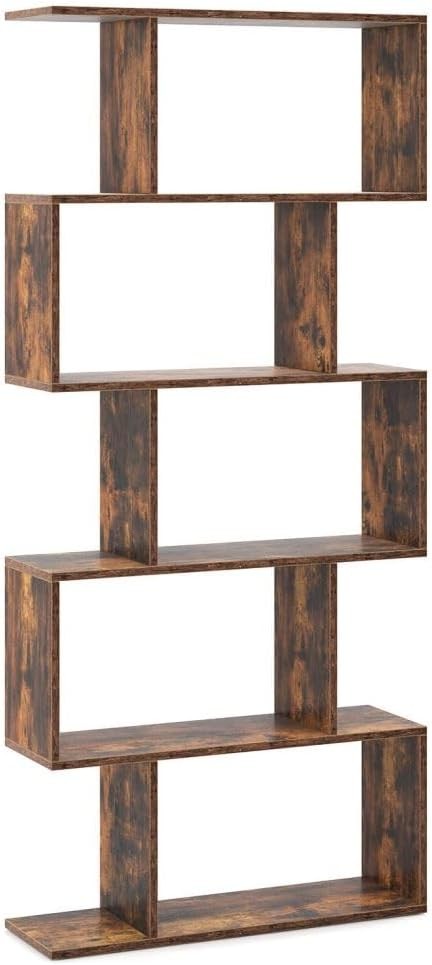 Rustic Brown S-Shaped 5/6 Tier Bookcase Modern Display Shelf Freestanding Unit