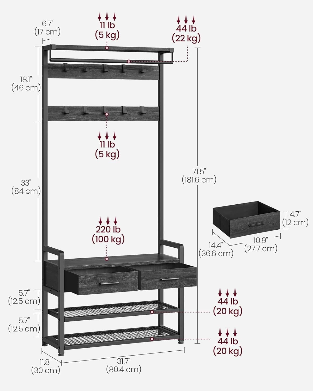 Grey Hall Tree Coat Rack with Bench & Shoe Storage 80x30x181cm