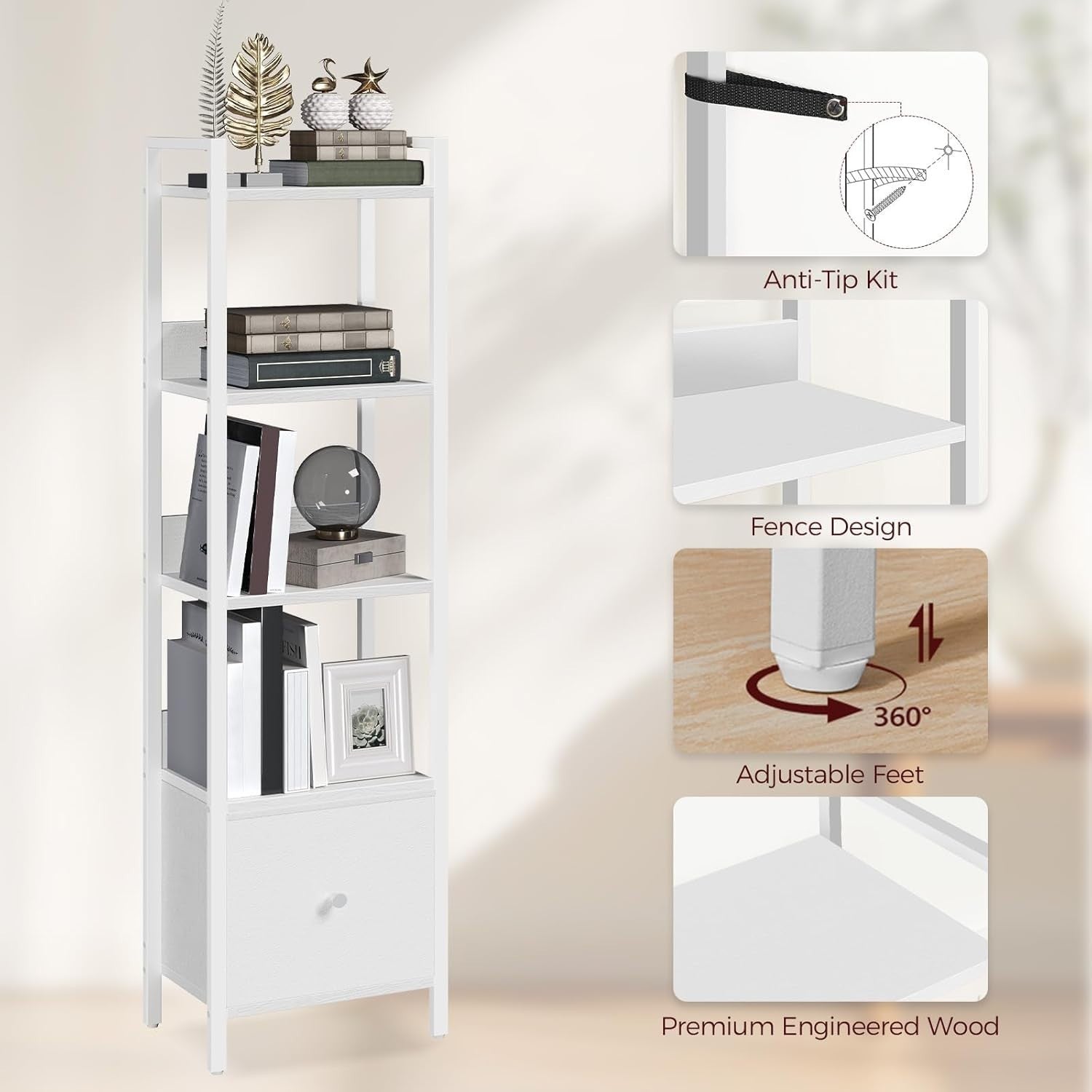 5 Tier Slim Bookshelf with Drawer Space Saving Metal Frame Storage Rack
