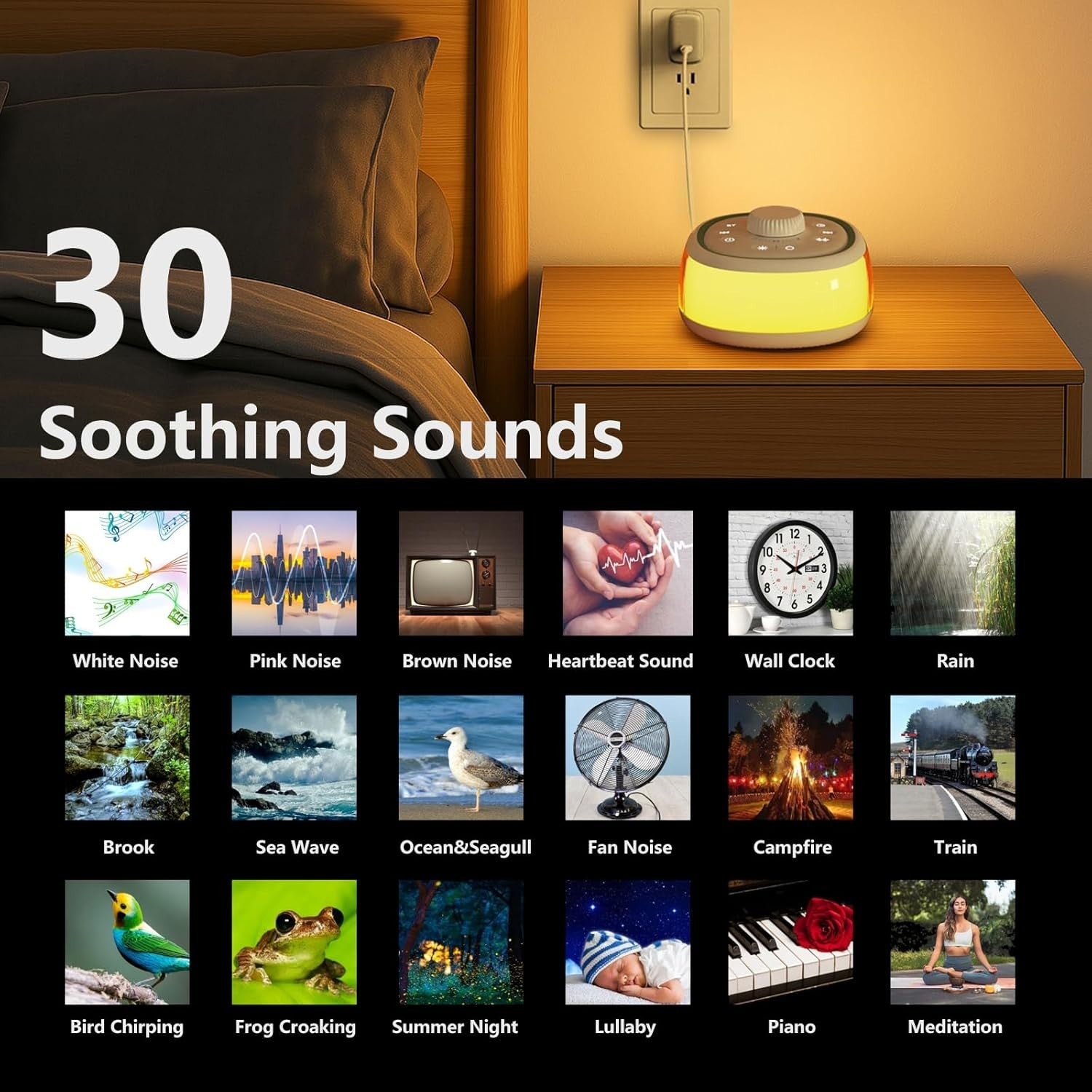 White Noise Sound Machine with 30 Soothing Sounds, Bluetooth & Night Light
