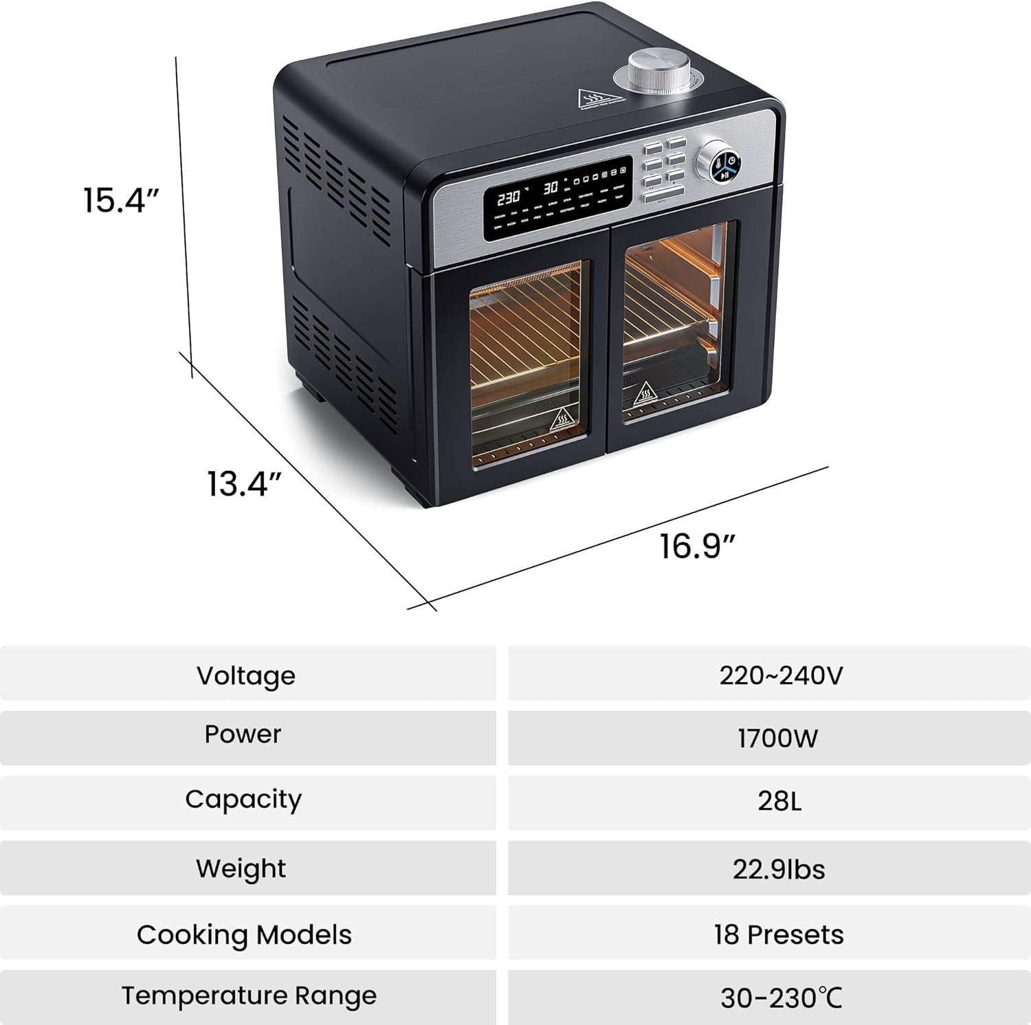 28L Air Fryer Oven Rotisserie 18-in-1 1700W Window Light 30-230C No Oil