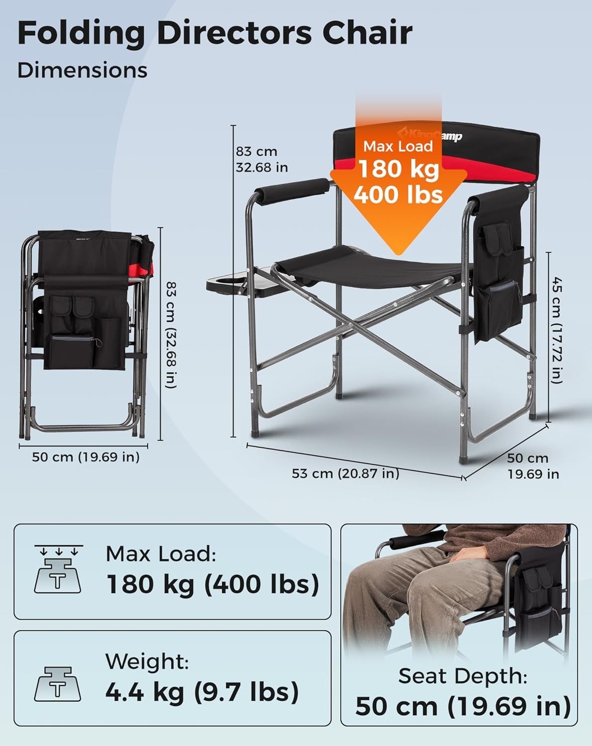 2x Heavy Duty Folding Camp Chairs 400LB W/ Side Table Pockets Red
