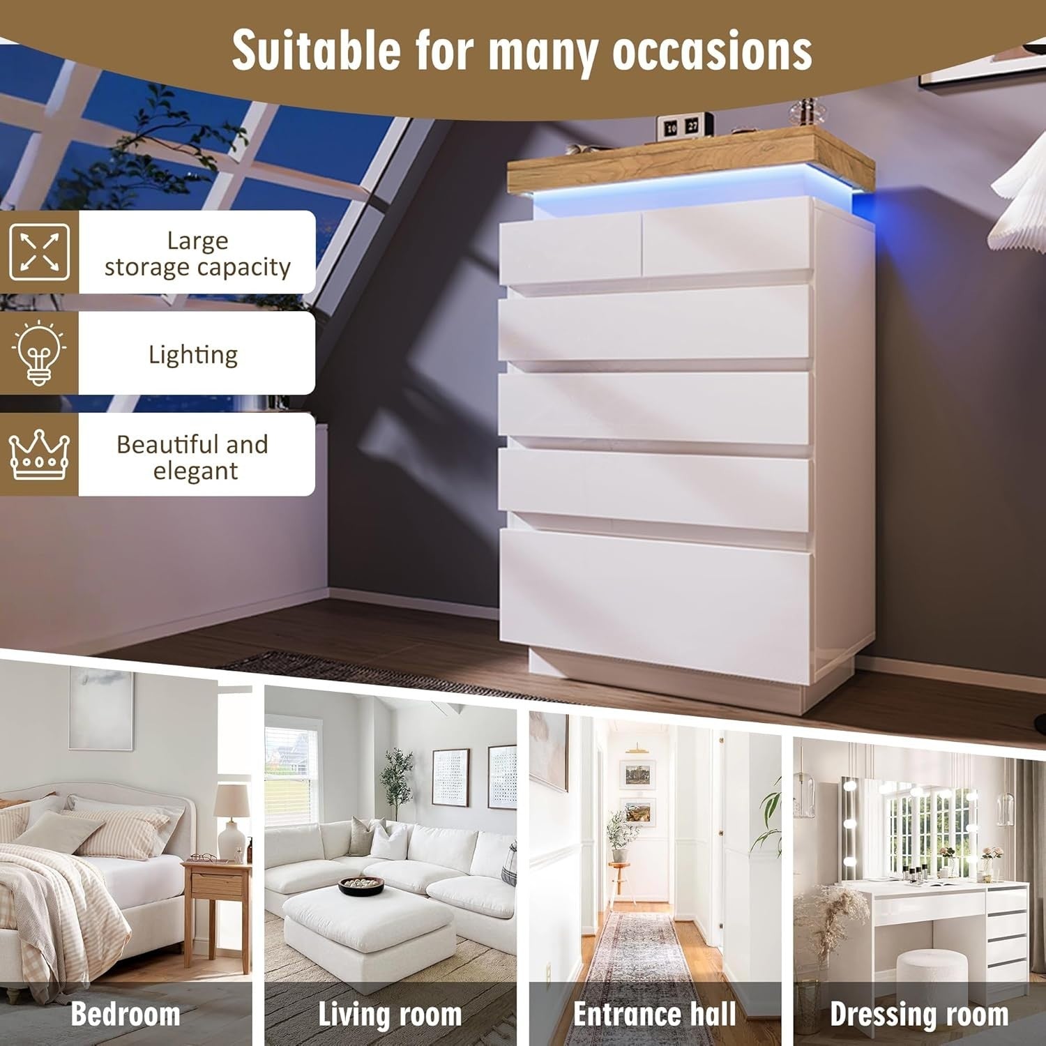 Modern White Gloss Sideboard Cabinet 6 Drawers LED Light Storage