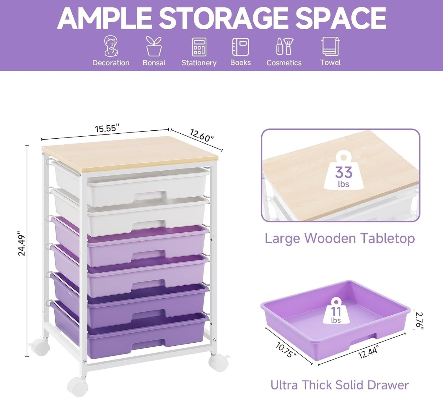 Purple 6 Drawer Rolling Storage Cart Utility Organizer Trolley Wheels