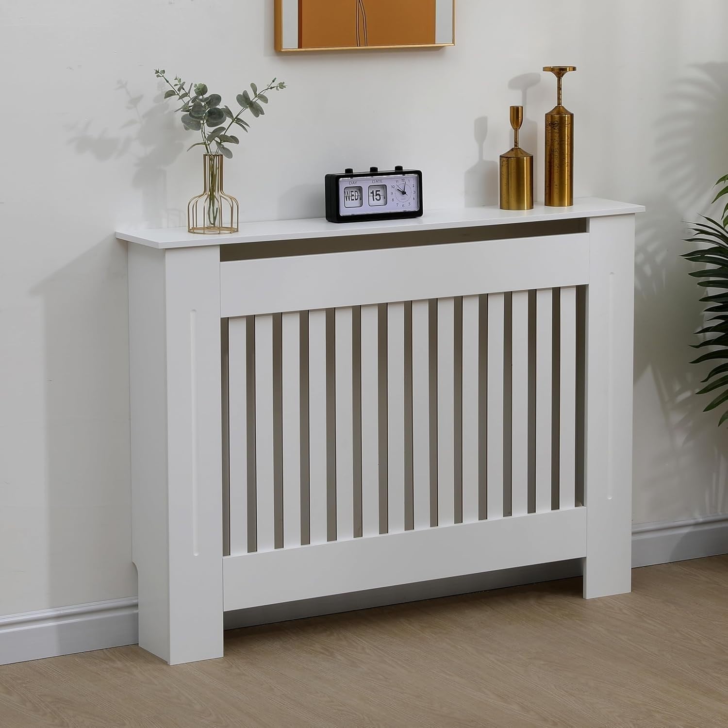 Medium White Radiator Cover MDF Slatted Grill Cabinet – Decorative Heater Shelf