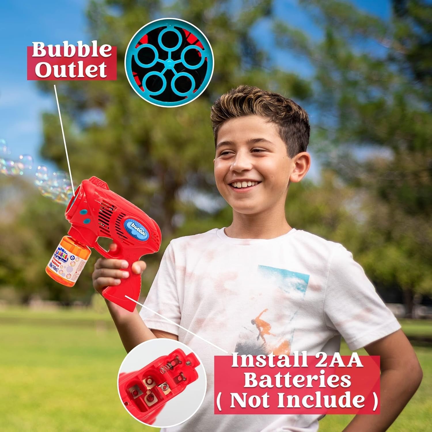 2 Pack Bubble Guns Kids Toy Set Red Blue with Solution