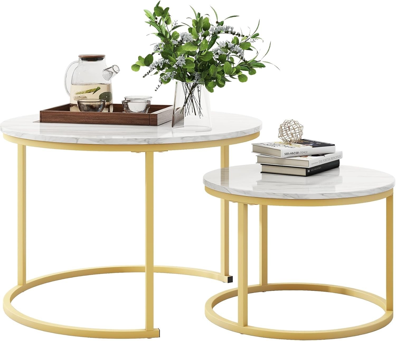 Round Nesting Coffee Table Set of 2 – Space-Saving Living Room Side Tables Gold