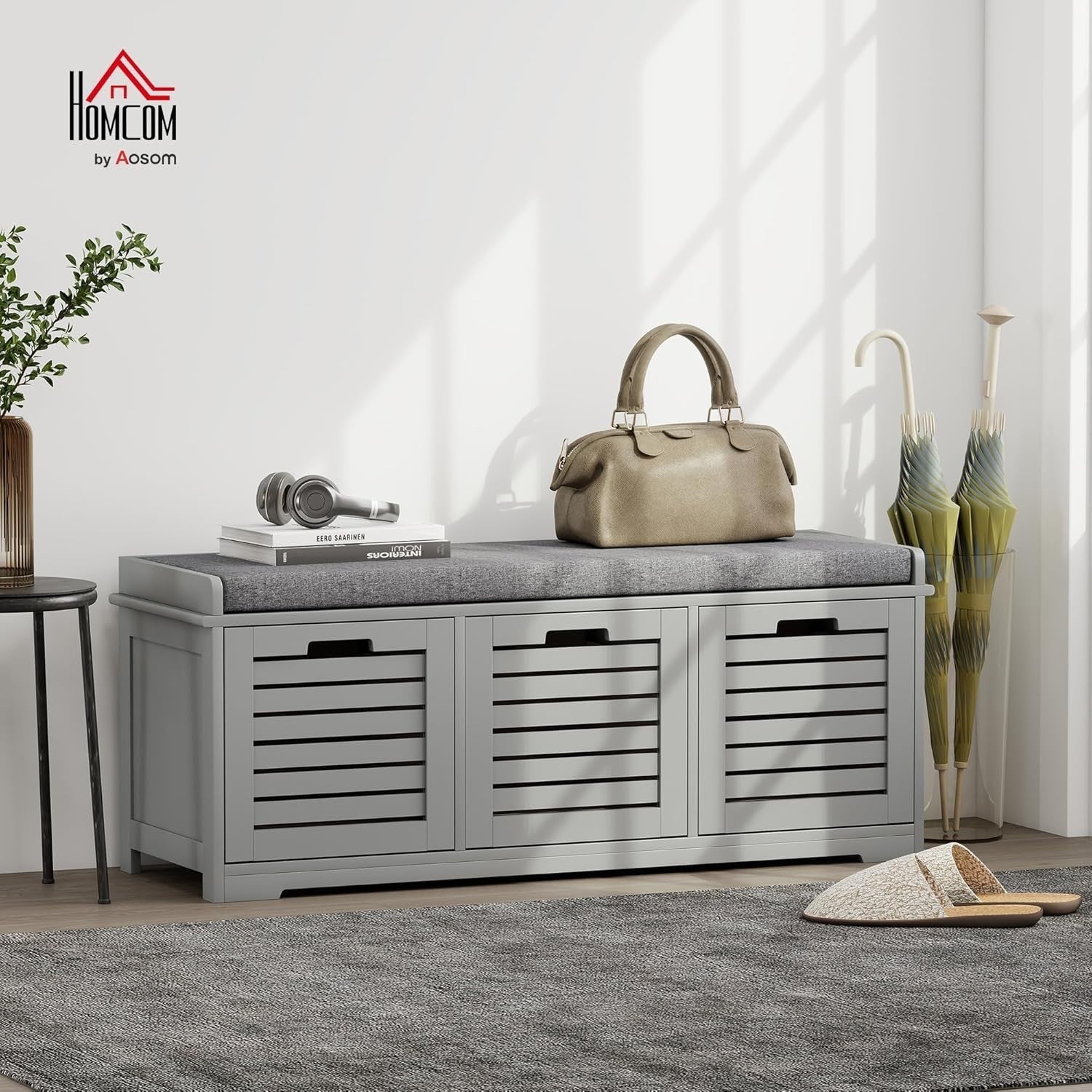 Space-Saving Shoe Storage Bench with 3 Drawers & Cushioned Seat – Grey
