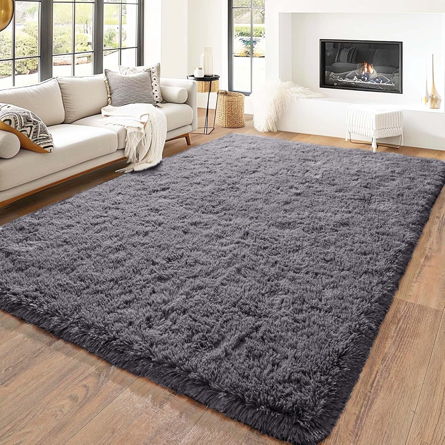 Grey Shaggy Rug 160x230cm Soft Thick Fluffy Non-Slip Large Bedroom Carpet