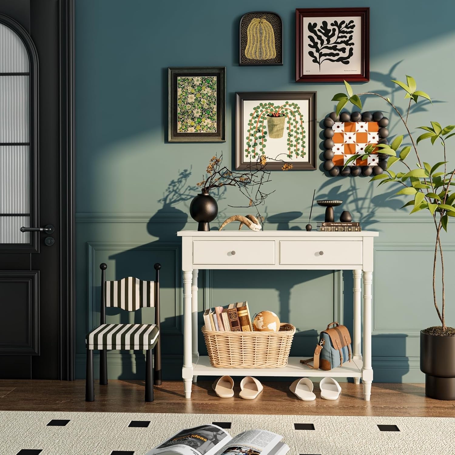 White Solid Wood Console Table 90x35x77cm with 2 Drawers & Shelf