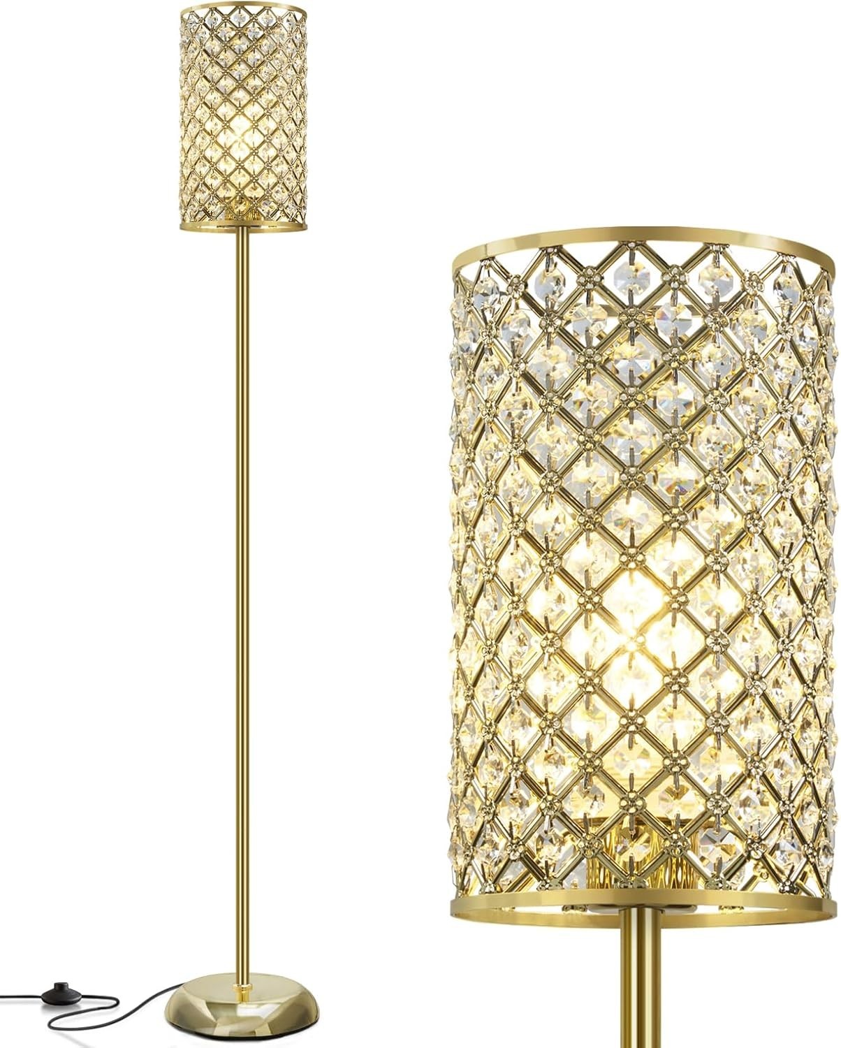 Gold Crystal Floor Lamp Modern Standing Light Foot Switch Tall Slim Design