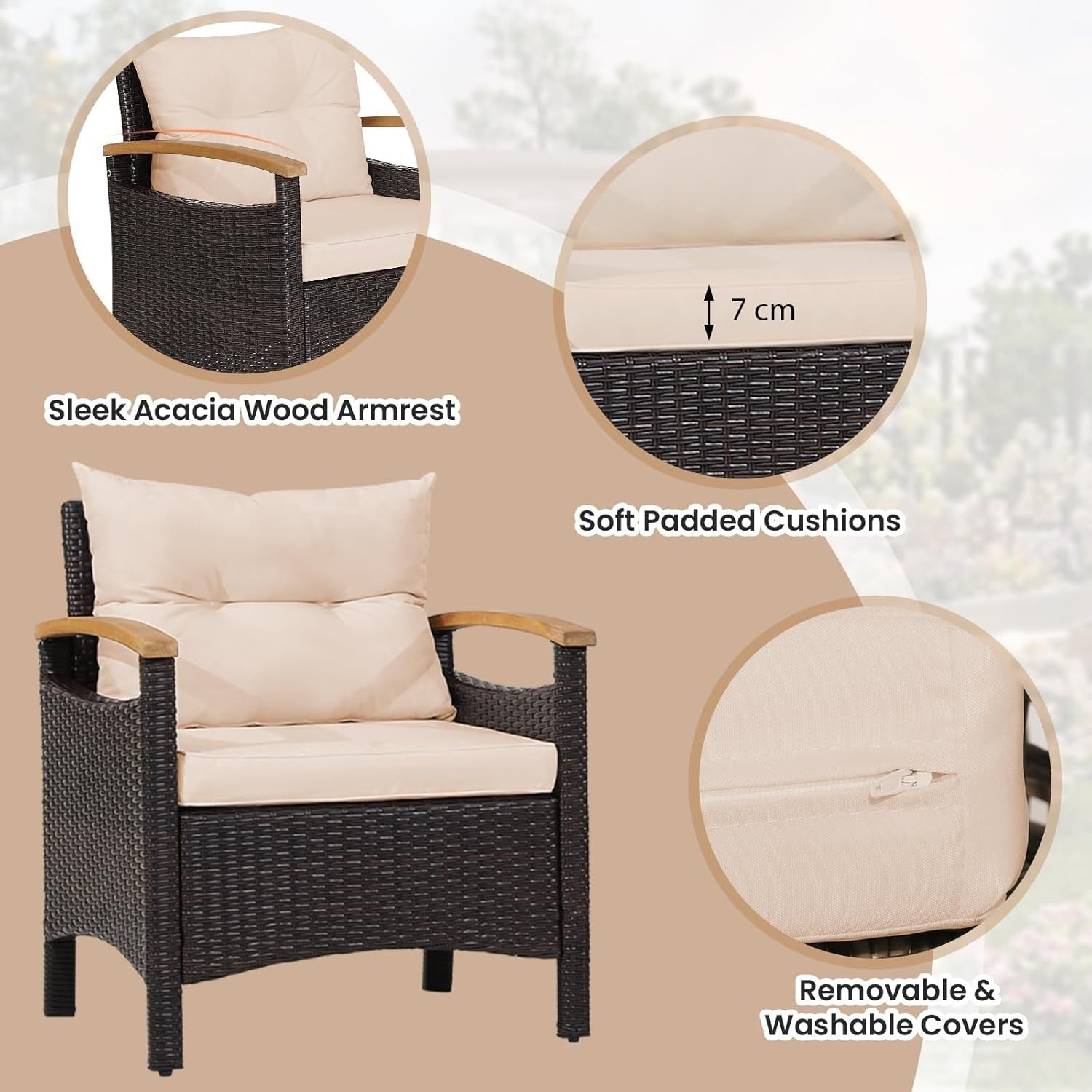 Outdoor Rattan Bistro Set 3-Piece Patio Sofa Table & Chairs with Cushions