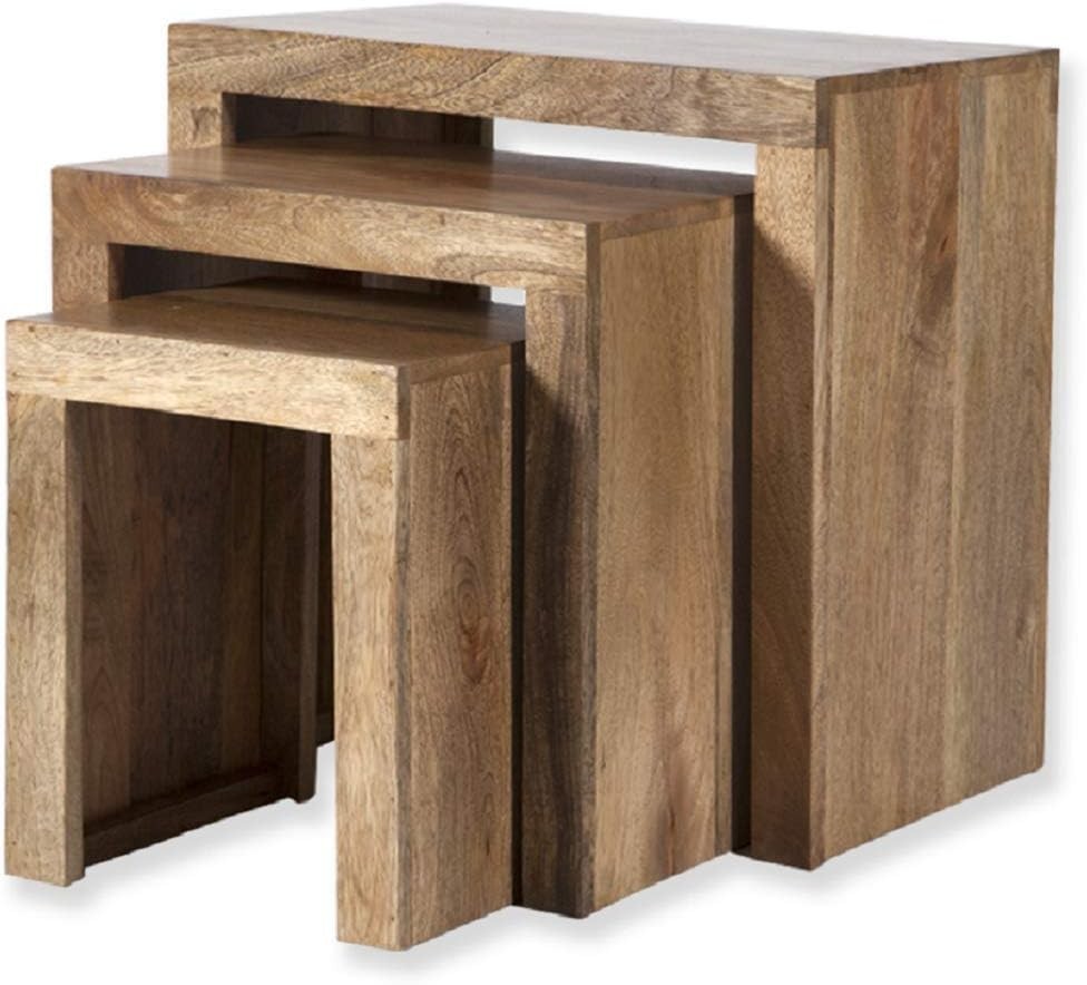 Space Saving Nesting End Tables Solid Mango Wood Set Compact Side Table New