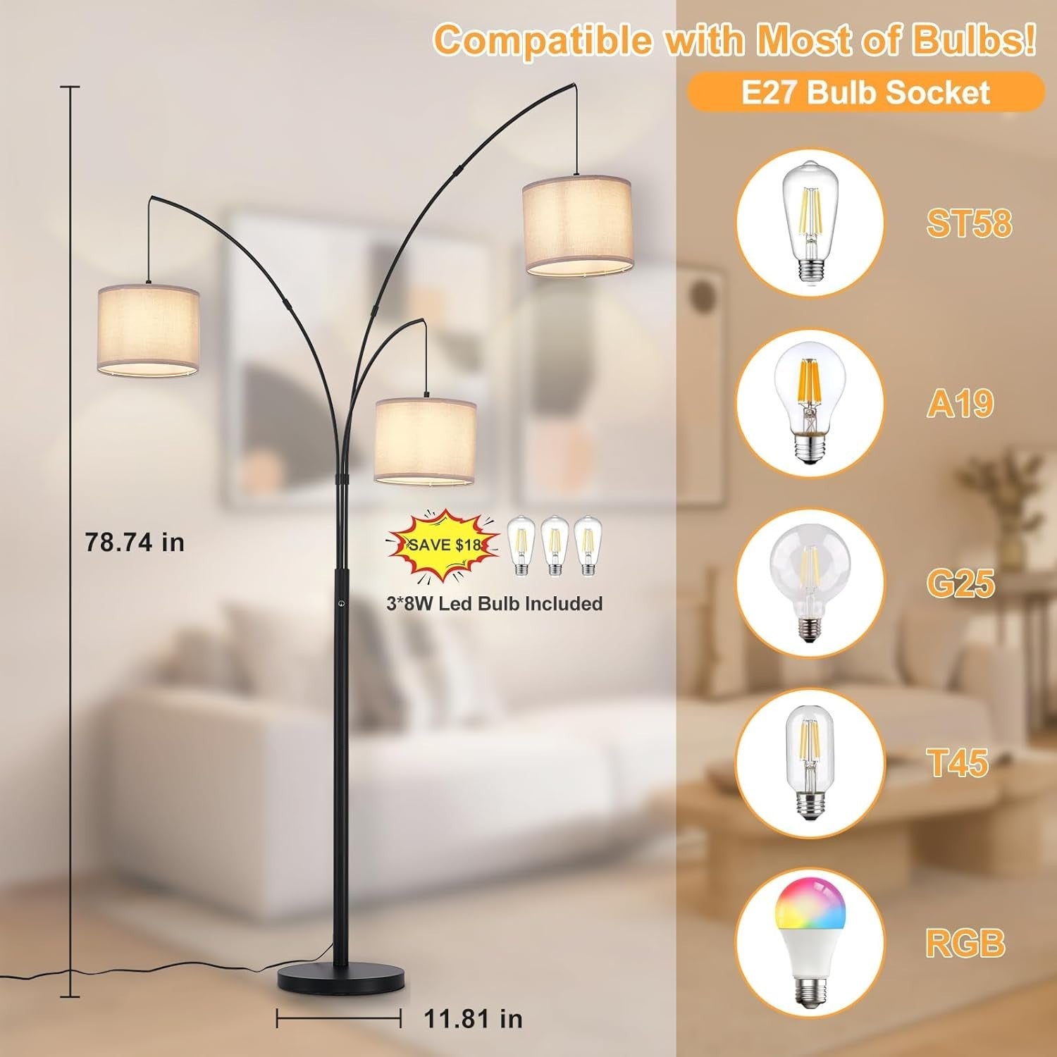 Modern 3-Light Dimmable Floor Lamp with Grey Shades for Living Room Office
