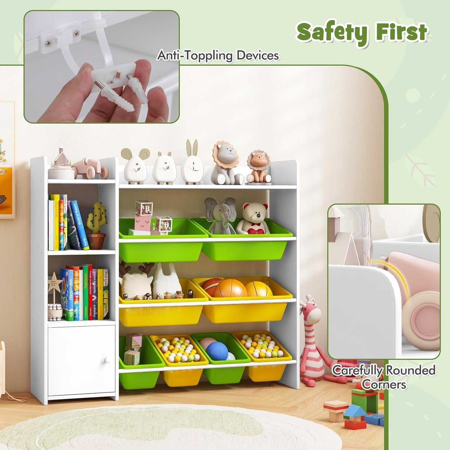 4 Tier Kids Toy Storage Organizer with Bins & Cabinet Bookshelf Unit White