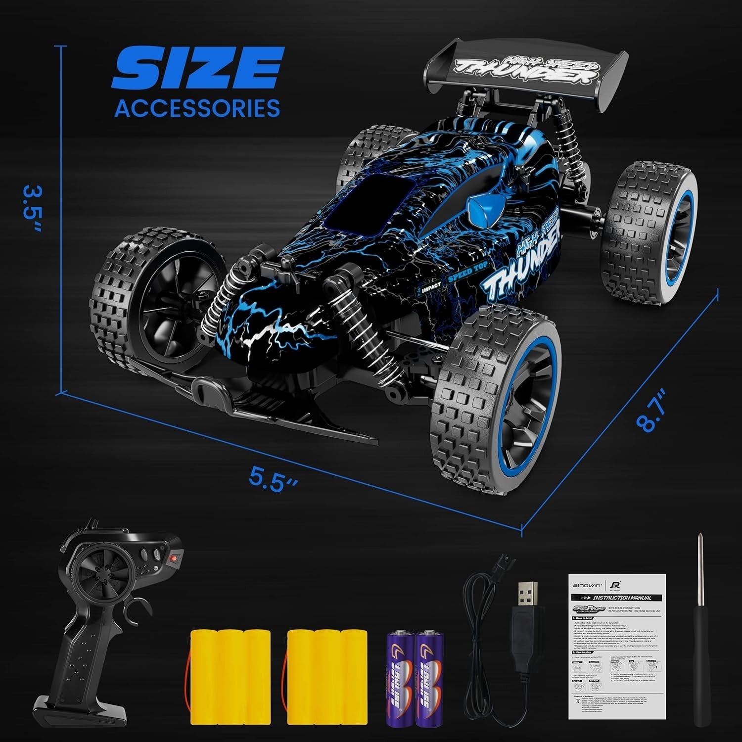 High Speed RC Car for Kids 1:18 Scale, 20KM/H, LED, 2 Rechargeable Batteries