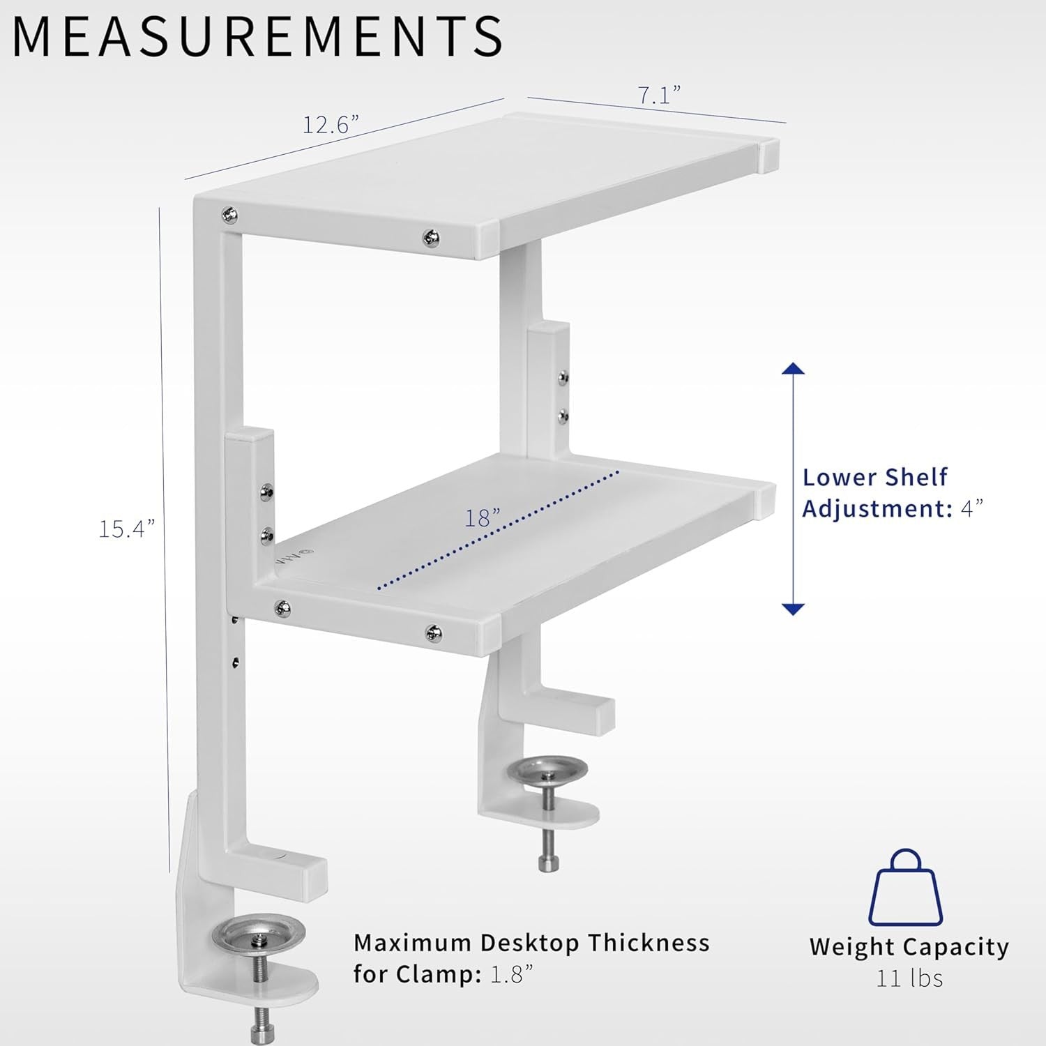 Clamp-On Desk Shelf 2-Tier White 13" Above/Below Mount Storage Organizer
