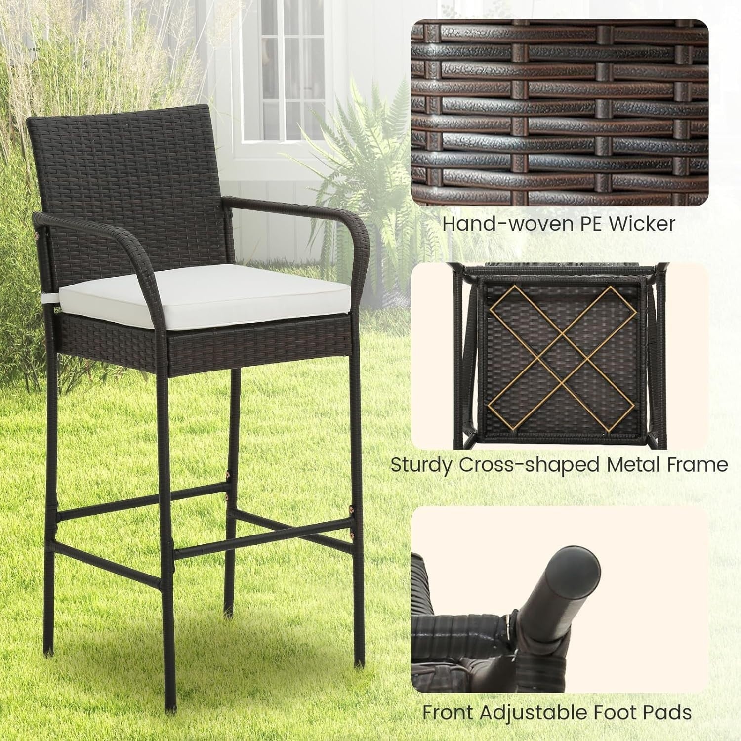 Rattan Bar Stools Set of 4 High Back Counter Chairs Cushions Footrest
