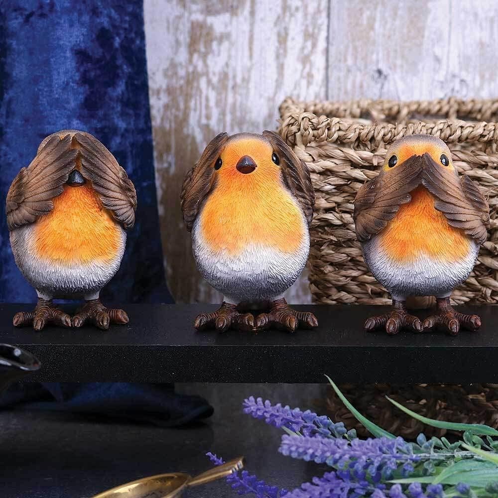 Three Wise Robin Figurines Resin 8cm Cute Bird Ornament Set Home Decor Gift