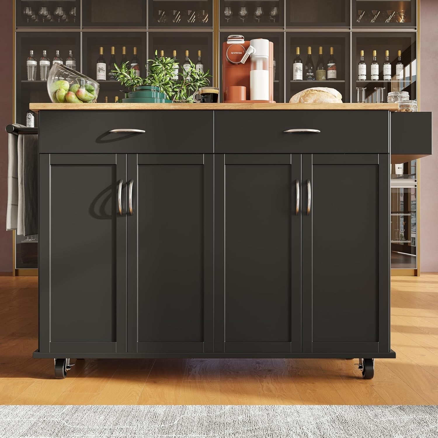 Mobile Kitchen Island Trolley with 5 Drawers, Adjustable Shelves & Spice Rack