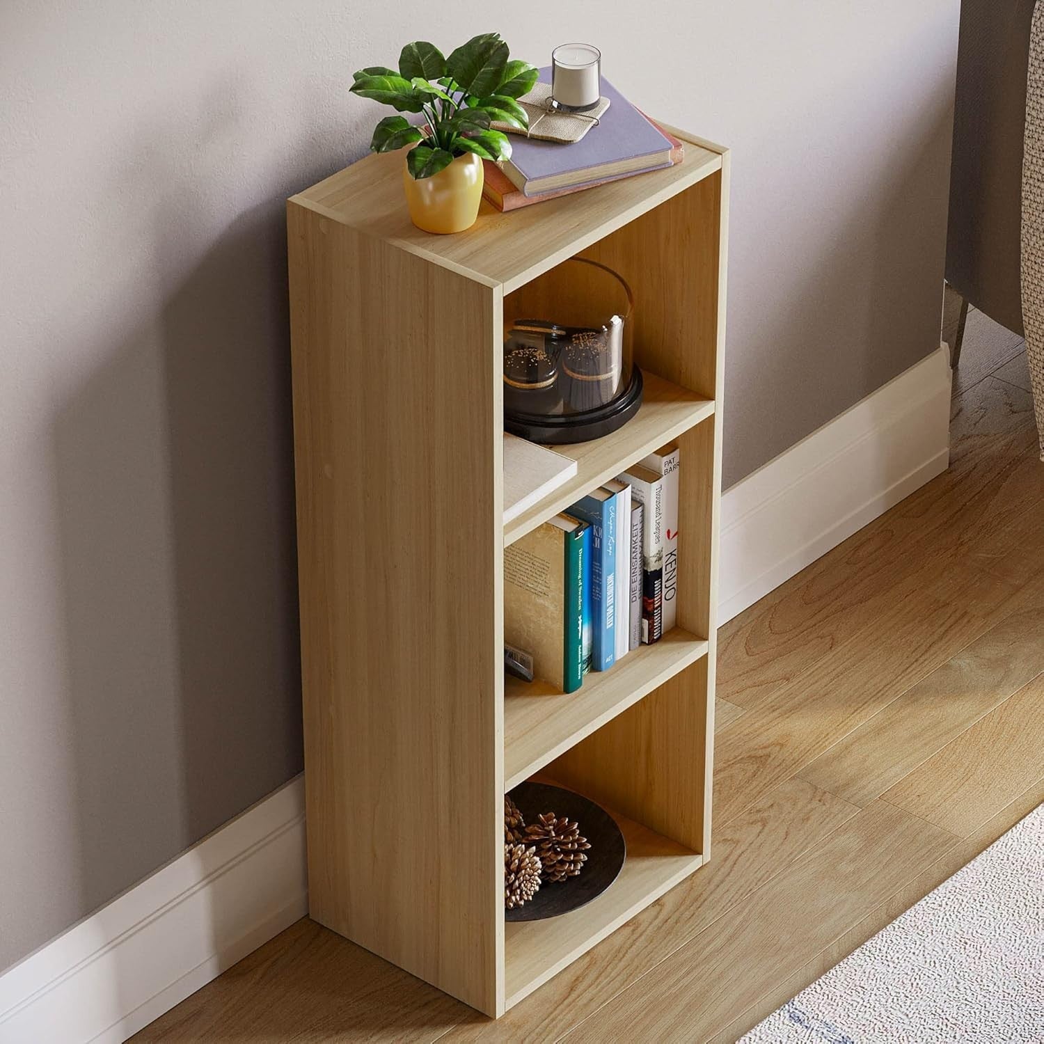 3 Tier Oak Wooden Cube Bookcase Small Storage Shelf for Living Room Office