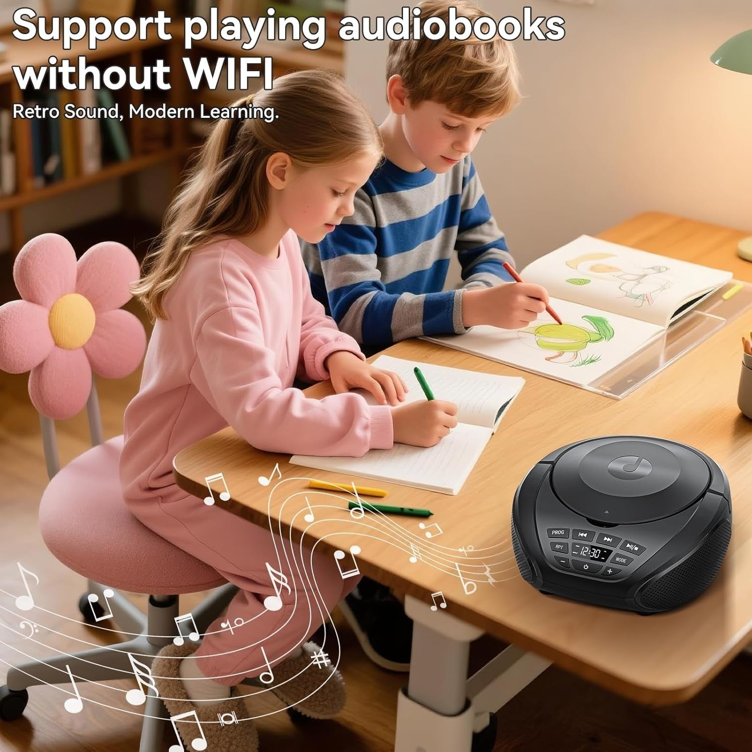 Portable CD Player Boombox Speakers FM Radio AUX Headphone Jack Black