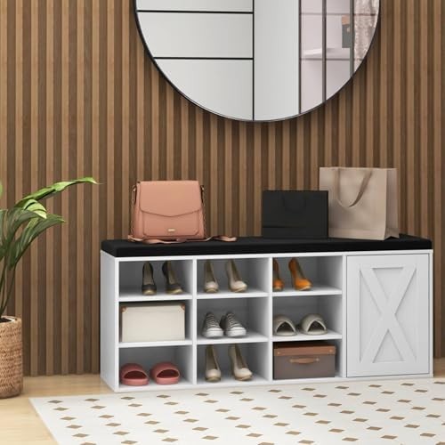 Wooden Shoe Storage Bench with Cushion & Barn Door, 9 Compartments