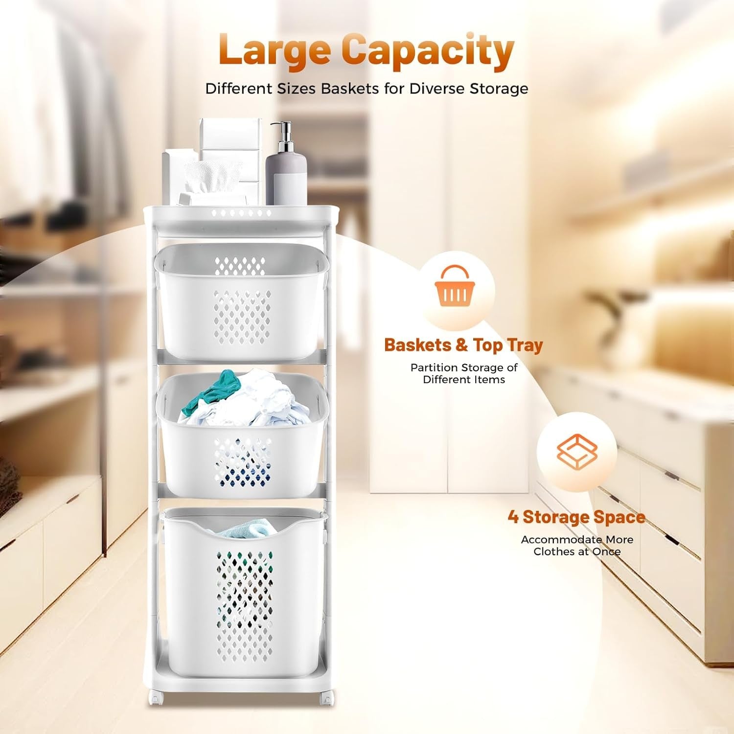 4-Tier Laundry Cart with Wheels Space Saving Hamper & Storage Baskets White